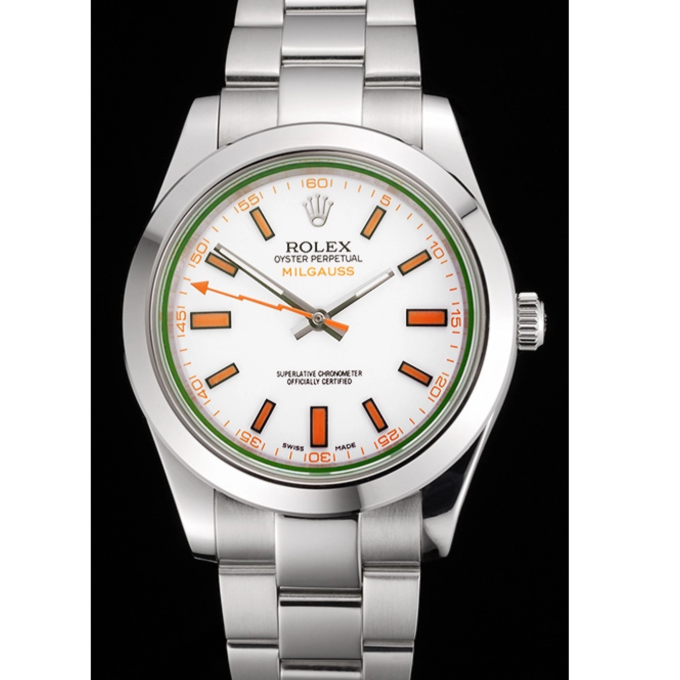 Aaa replica watch Milgauss Steel Markings Swiss Stainless Bracelet Case White Orange Dial And Rolex 0715